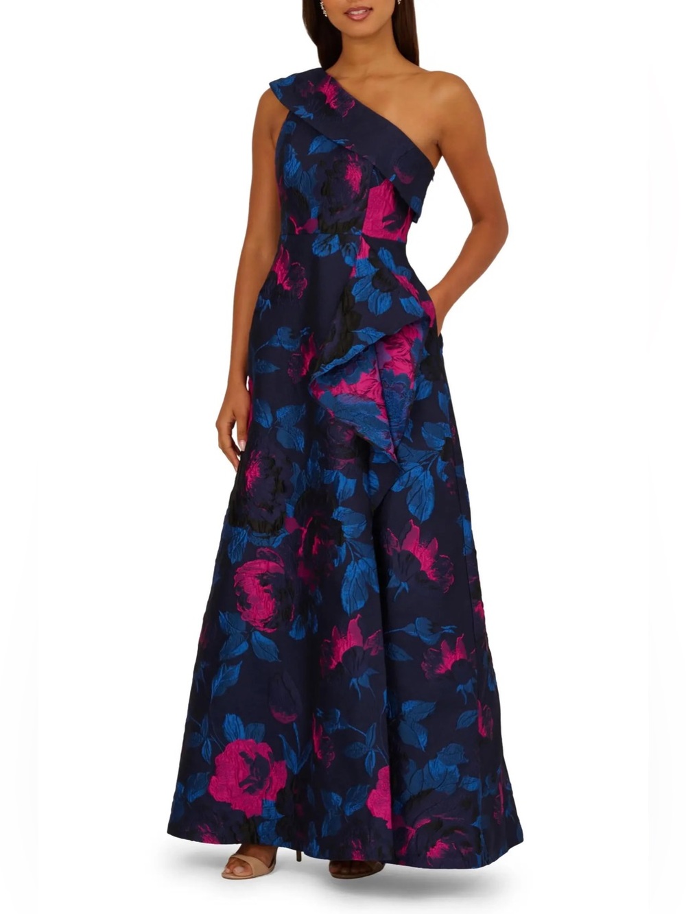 NEW ADRIANNA PAPELL one-shoulder floral jacquard a-line gown navy orchid size 8